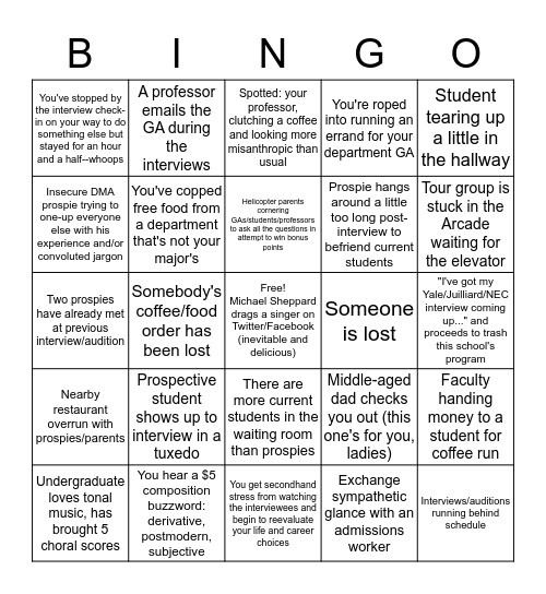 Peabody Audition Week Bingo Card