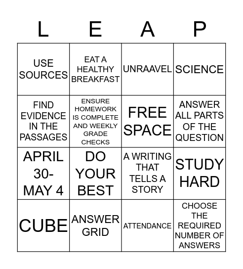 LEAP PREP BINGO  Bingo Card