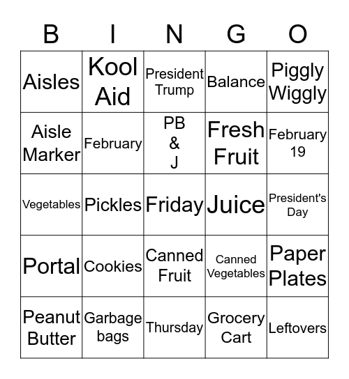 Piggly Wiggly Bingo Card