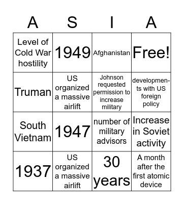 Foreign Relations of the Cold War in Asia Bingo Card