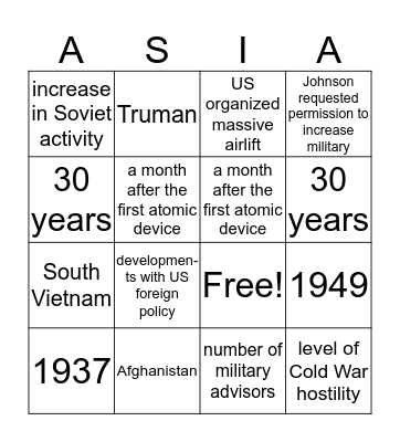 Foreign Relations of the Cold War in Asia Bingo Card