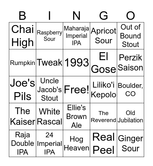 Avery Brewing Co Bingo Card