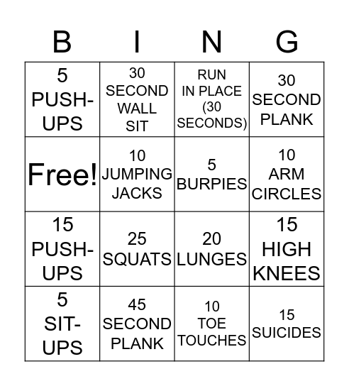 Aerobic Bingo Card