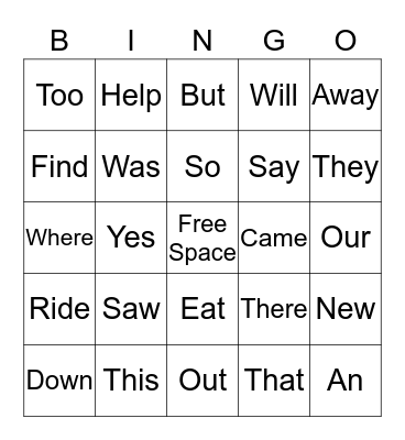 Sight Word Bingo Card