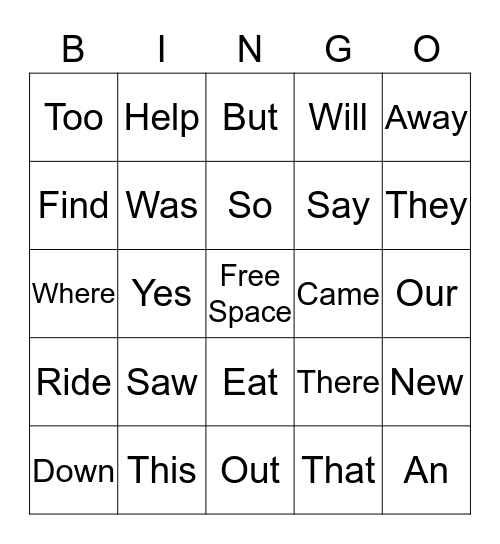 Sight Word Bingo Card