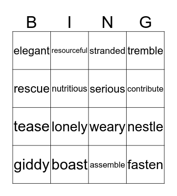 Vocabulary #15-28 Bingo Card