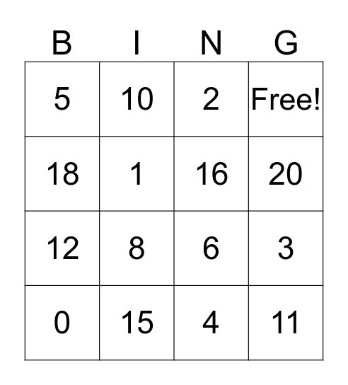 Number Bingo Card