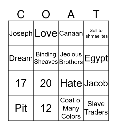Joseph's Coat of Many Colors Bingo Card