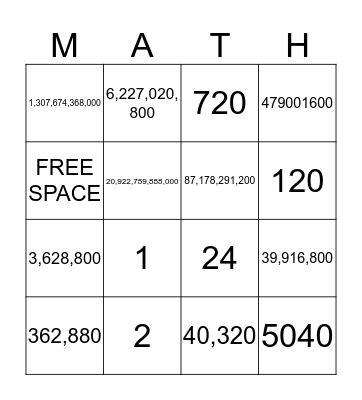 Math Factorials! Bingo Card