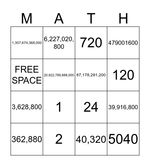 Math Factorials! Bingo Card