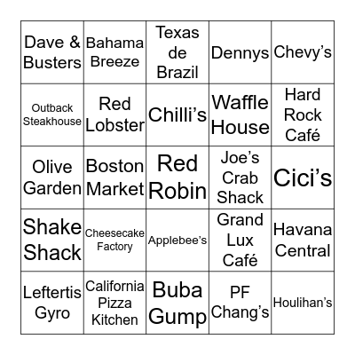 Chain Restaurants Bingo Card