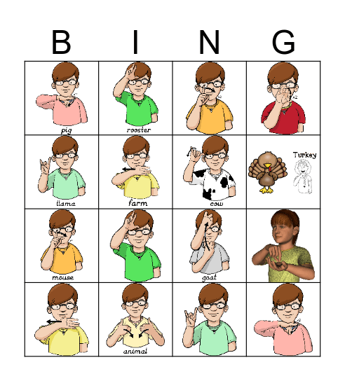 Farm animals ASL English Bingo Card