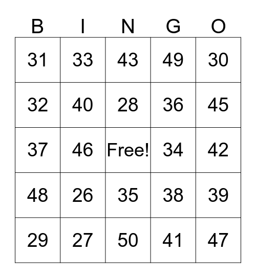 Numbers 30-50 Bingo Card