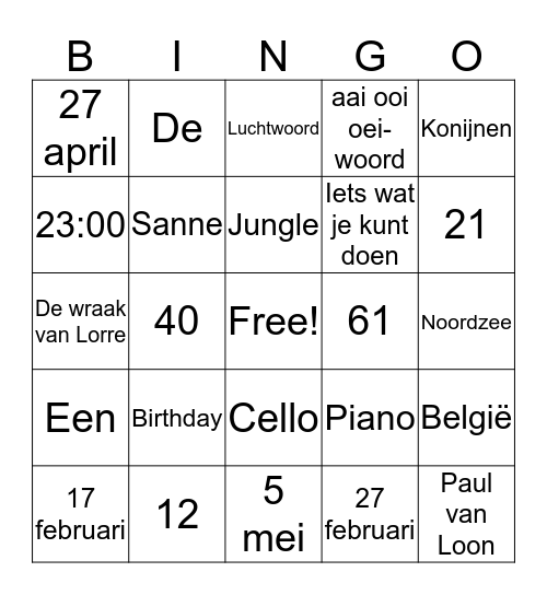 Bingo juffen/meesterdag Bingo Card