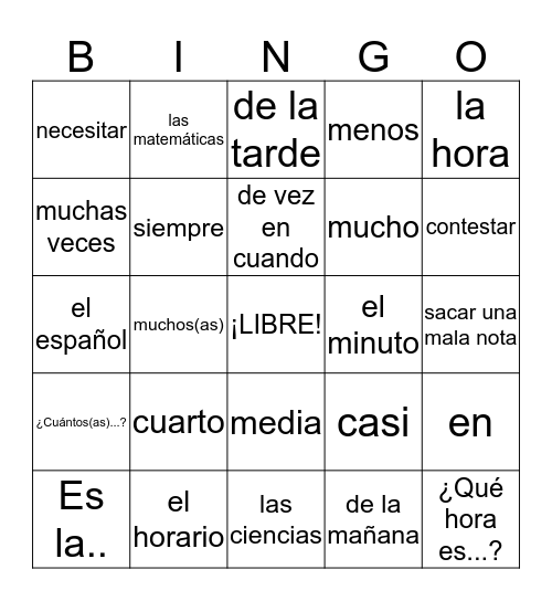 Español 1 - U2L1 Bingo Card