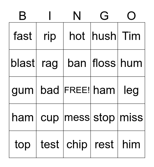 Short Vowel Bingo Card
