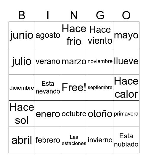 Meses/Estaciones/El tiempo Bingo Card