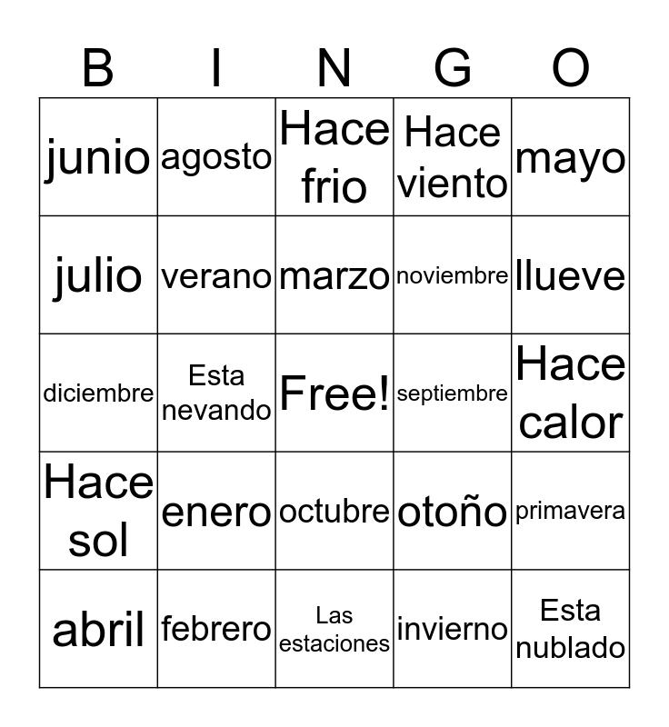 Los Días-Los Meses-Las Estaciones en Inglés Bingo Card