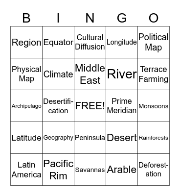 Unit 2 Geography Vocab List Bingo Card