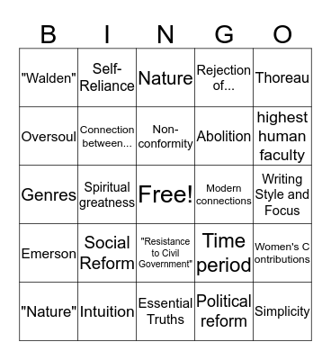 Transcendentalism Overview Bingo Card