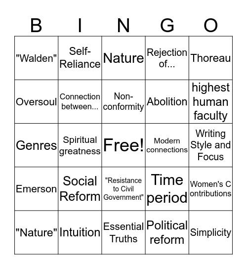 Transcendentalism Overview Bingo Card