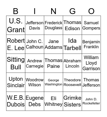 American Historical Figures Bingo Card