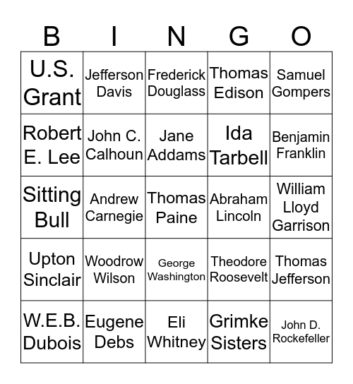 American Historical Figures Bingo Card