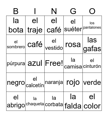 Spanish Clothes Duolingo Bingo Card