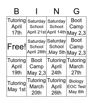 Biology Tutoring Bingo Card