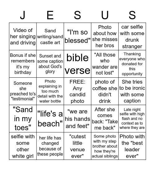 Lindsay's self serving social media spring break mission trip feed Bingo Card