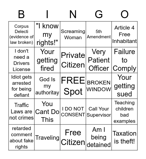 SOVEREIGN CITIZEN Bingo Card