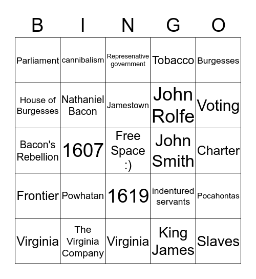 Jamestown Bingo Card