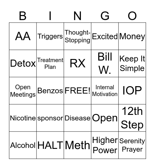 Recovery Bingo Card