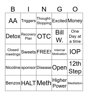 Recovery Bingo Card