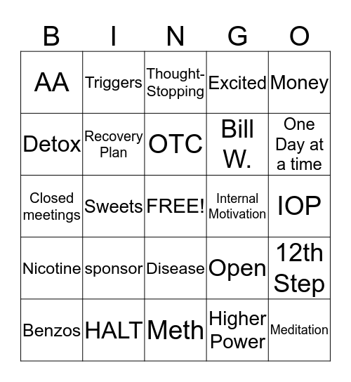 Recovery Bingo Card