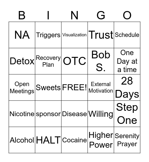 Recovery Bingo Card