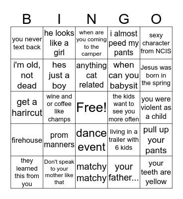 Crazy Family Bingo Card