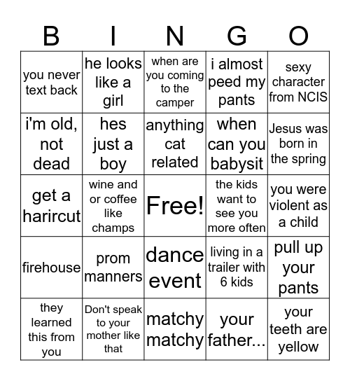 Crazy Family Bingo Card