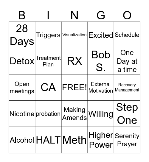 Recovery Bingo Card