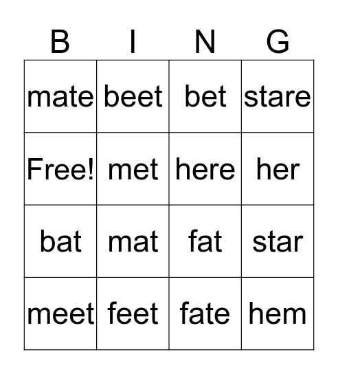 Long e  Short e / Long a  Short a Bingo Card