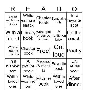 Read for at least 15 minutes per activity. Simply cross off the activity the day it is completed. A parent/guardian must initial every activity completed. Bingo Card