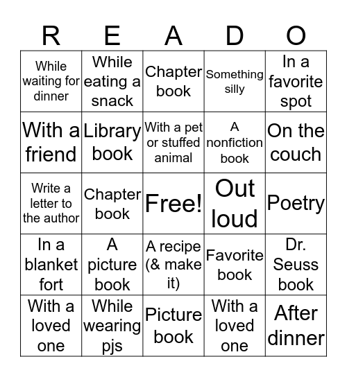 Read for at least 15 minutes per activity. Simply cross off the activity the day it is completed. A parent/guardian must initial every activity completed. Bingo Card