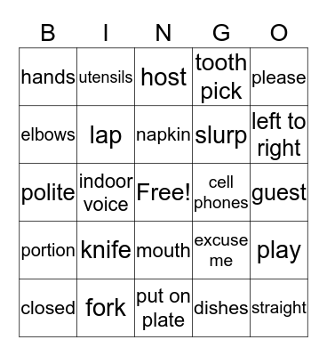 Table Manner Bingo Card