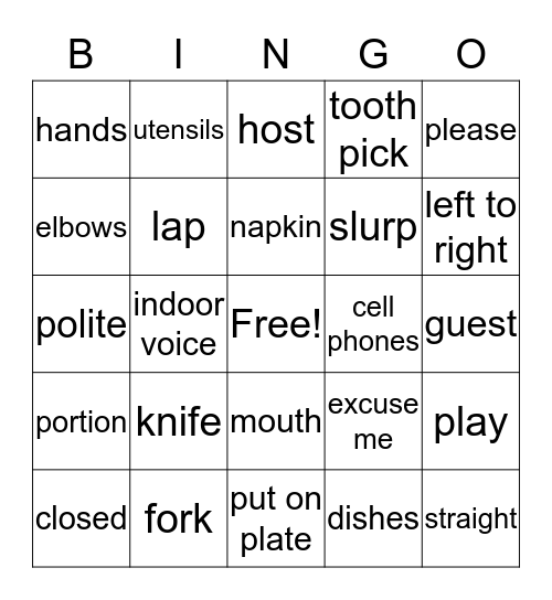 Table Manner Bingo Card