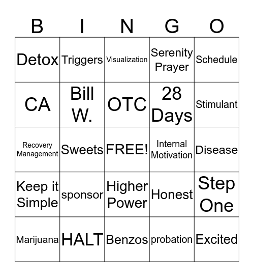 Recovery Bingo Card