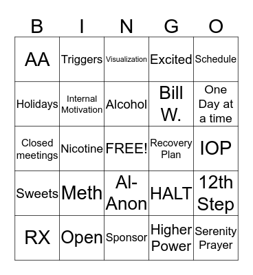 Recovery Bingo Card
