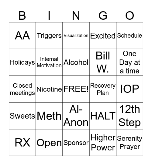 Recovery Bingo Card