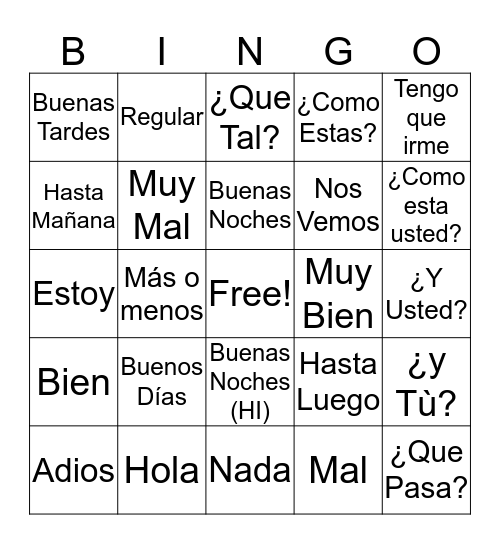 Español Class Bingo Card