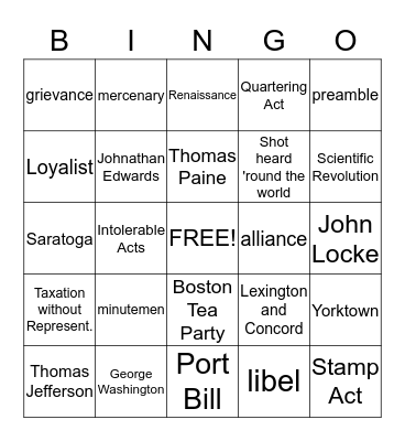 The Revolution Bingo Card