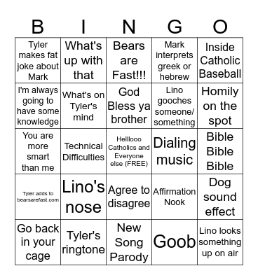 Catholic Guy Show Bingo Card